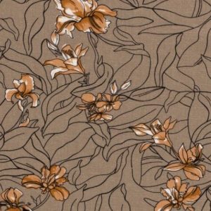 Viscose stof, linnenlook, bloemen, zand/zalm/zwart. C327