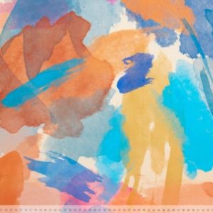 Viscose stof, aquarelprint, Mies en Moos, zalm/blauw/roze. X373