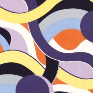 Viscose stof, soepel vallend en luchtig, abstracte golf- en cirkelprint, paars/oranje/blauw/geel. C451