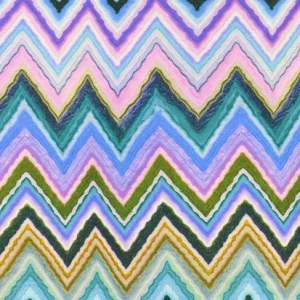 Viscose satijn stof, soepel vallend, zigzag print, blauw/paars. Y78