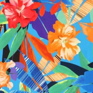 Viscose stretch stof, digitale tropische bloemen, oranje/paars/rood/bruin D0618