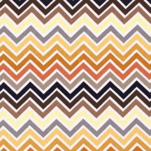 Viscose stretch stof, zigzagprint, bruin/geel/oranje/wit. C379