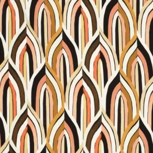 Viscose tricot stof, abstracte bladprint, zwart/offwhite/bruin/geel. P239