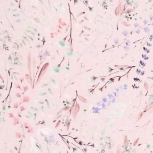 Viscose tricot stof, droogbloemen print, oudroze/paars/mint. D0611