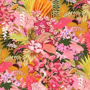 Viscose tricot stof, jardino, jungle bloemenprint, roze/oranje/geel/groen. P237