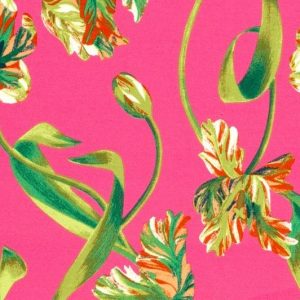 Viscose tricot stof, sierlijke bladprint, fuchsia/groen/oranje. X229