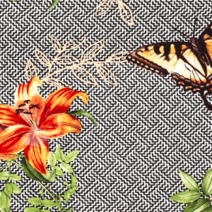 Viscose twill stof, lelies en vlinders op zwart/wit, rood/oranje/groen. Z0581