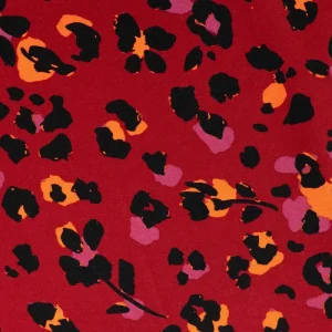 Viscose twill stof, panterprint, rood/oranje/roze/zwart. Y756