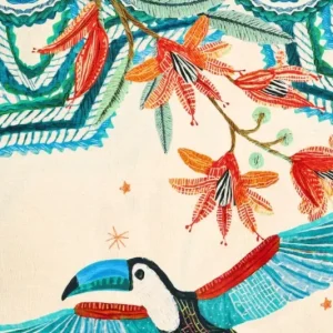 Viscose twill stof, randstof, doorlopend paneel met vogels, zand/creme/blauw/oranje. P438