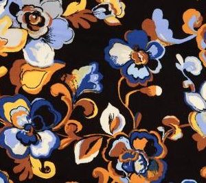 Viscose twill stof, sierlijke bloemen, zwart/blauw/bruin/geel. A0448