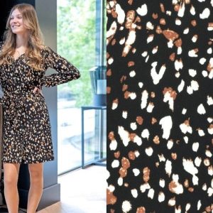 Viscose twill stof, soepel vallend, stipprint, zwart/bruin/crème. X1040