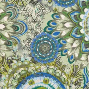 Viscose voile stof, grote bloemenprint, groen/blauw. Y72