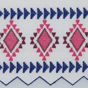 Katoen voile rand stof, 1 kant, wit/blauw/roze. X057
