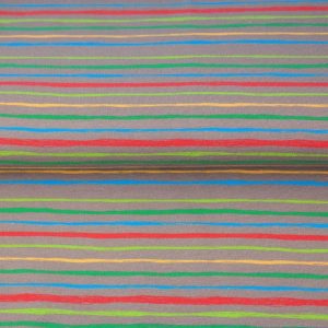 Stenzo tricot katoen stof, digitale print, strepen, lichtbruin/rood/groen/blauw. W0671