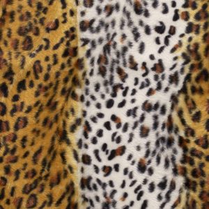 Velboa stof, fijne panterprint, lengte streep, offwhite/kerrie/zwart/bruin. V4503.36