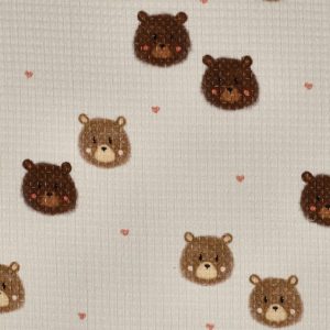 Wafel katoen stof, berenprint, ecru/bruin/rood. P499