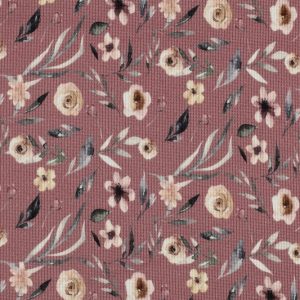 Wafeldoek stretch stof, fijn, digitale bloemenprint, oud roze/zand/grijs. C874
