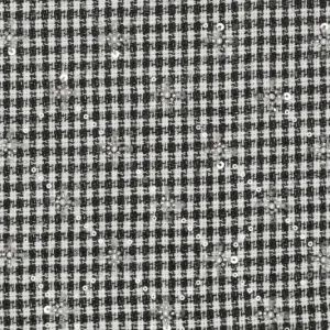 Wolblend stof, geborduurde ruit met pailletten en parels, zwart/offwhite/zilver. Y735