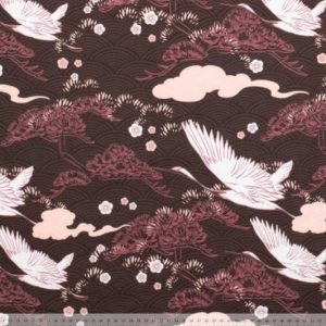 Yoga sport travel stof, kraanvogel/bogenprint, bruin/offwhite/zalm. X384