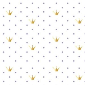 Tricot katoen stof, stippen en kroontjes, off-white/lila/goud foliedruk. Z0676