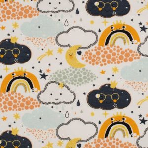Tricot katoen stof, wolkjes/regenboogprint, off-white/oranje/mint/gouden glitter. Z0680