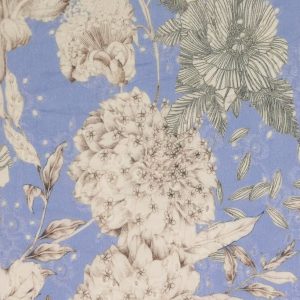 Broderie stof, bloemprint, lichtblauw/wit/taupe. Z0833