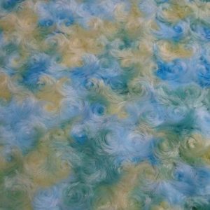 Bont stof, rozen/cirkel motief, licht blauw, mint, geel. B0828