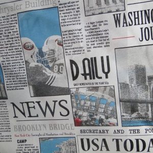 Decoratie gordijn D517 news offwhite, zwart, aqua