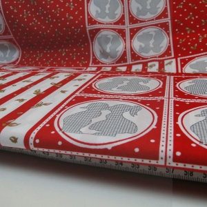 Katoen rood/wit, vlakken, poppetjes zoenen, bloem, W750