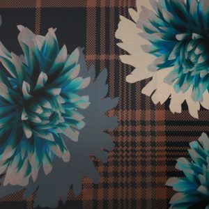 Katoenen jersey stof, ruit met bloem print, blauw/cognac. G998