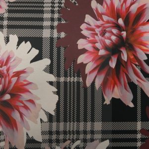 Katoenen jersey stof, ruit met bloem print, wijnrood/zwart . G1000