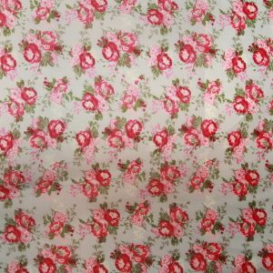 Katoenen stof, roosjes print, lavendelblauw/roze. Z522