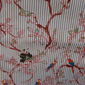Katoenen stof, streep/panda/papegaai print, blauw/wit. Z720