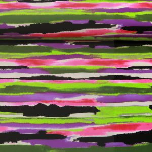 Lycra stof 4 way stretch, aquarel streep print, zwart wit, fuschia, groen X2503