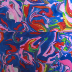 Lycra stof, fantasie golven print, blauw/rood/roze. Z955