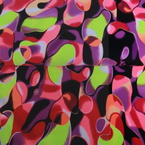 Lycra stof, fantasie luchtbellen print, neon geel/paars/zwart. Z954