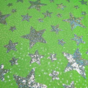 Lycra stof, pailletten ster print,, fluor groen/zilver. LY3610