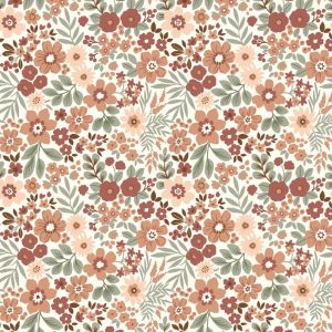 Fijne rib jersey stof, bloemenprint, offwhite/groen/oudroze Y871