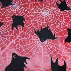 Satijn stretch F506 rood spinnenweb zwart flockprint spook