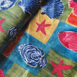 Velour de panne stof , F15 schelp ocean, fuchsia/aqua/geel