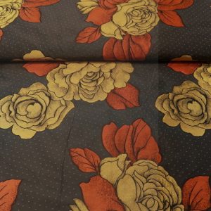 Taft stof, A la Ville Couture, bloemenprint, grijs/oker/donker oranje, X2370